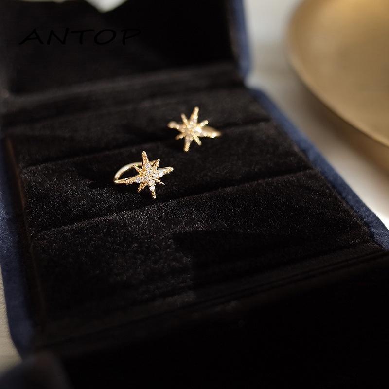 Anting Emas Perak Tidak Ada Perforasi  Kristal Klip Tulang Rawan Rumbai Star Earrings Jewelry for Women Lady Gift ANTOP