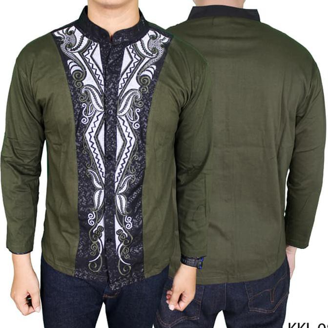 Super Sale  Baju Koko Lengan Panjang Modern Katun Hijau Lumut KKL 08 Terbaru