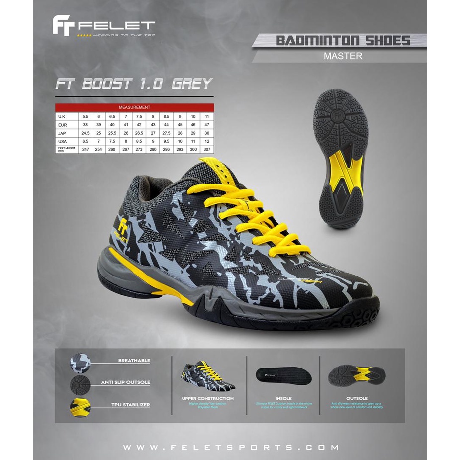 Sepatu Badminton ORIGINAL Pria Dewasa - FELET Boost 1.0 - Grey