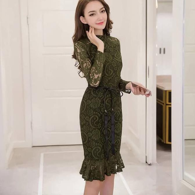 Super Midi Dress Scuba Kombinasi Brukat Hijau Army Zipper - Multicolor, S Sale