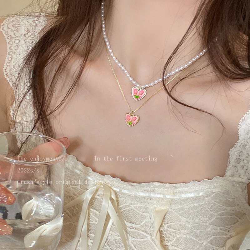 YEEZII Kalung Rantai Choker Liontin Bunga Tulip Warna Pink Untuk Wanita