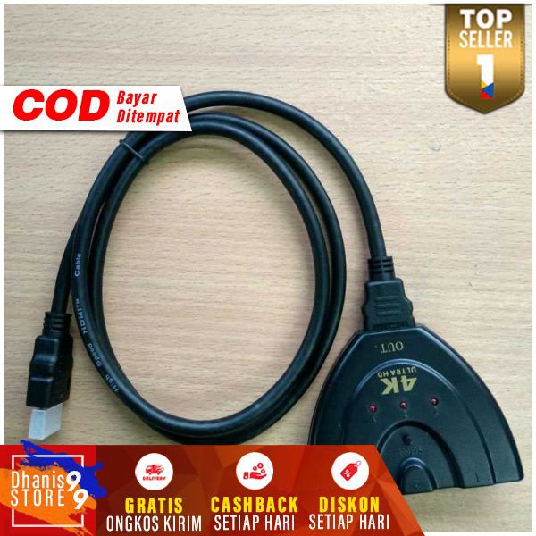 Kabel HDMI Switch 3 Port 4Kx2K 3D Cable Switcher Multifungsi Port TV Playstation 4 DVD Player PC Berkualitas