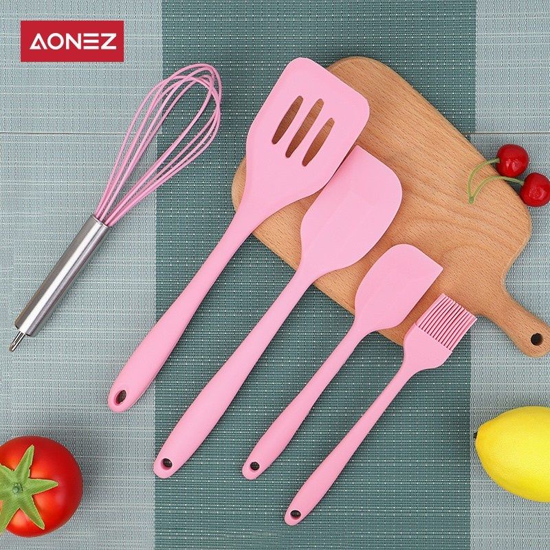 spatula silicone set silikon isi 5 kuas sodet sutil pengocok telur alat masak warna pastel pink hijau