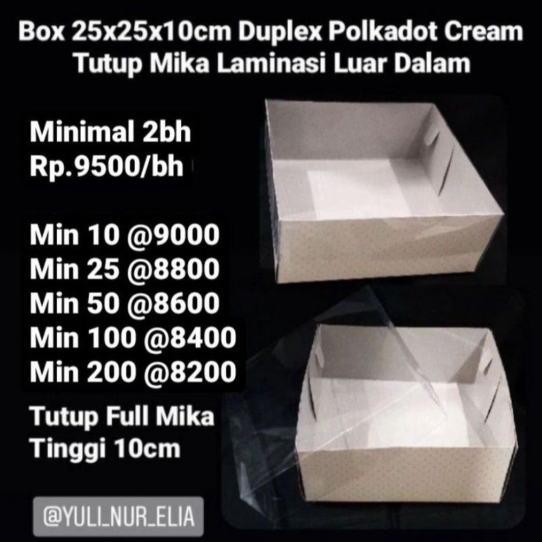 

Box 25x25x10cm Duplex Polkadot Cream Tutup Mika Laminasi Luar Dalam