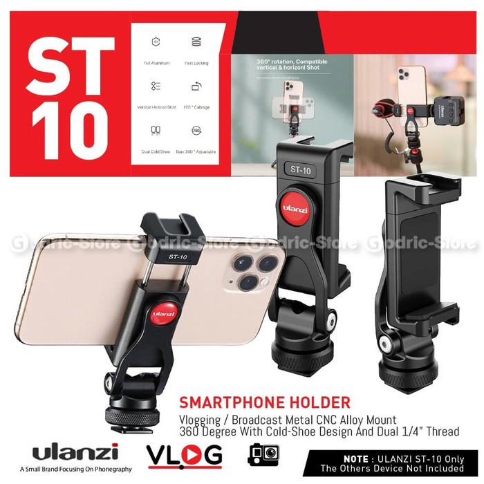 ULANZI ST-10 FULL METAL CLIP Holder 360 Smartphone Dual Hot Cold Shoe