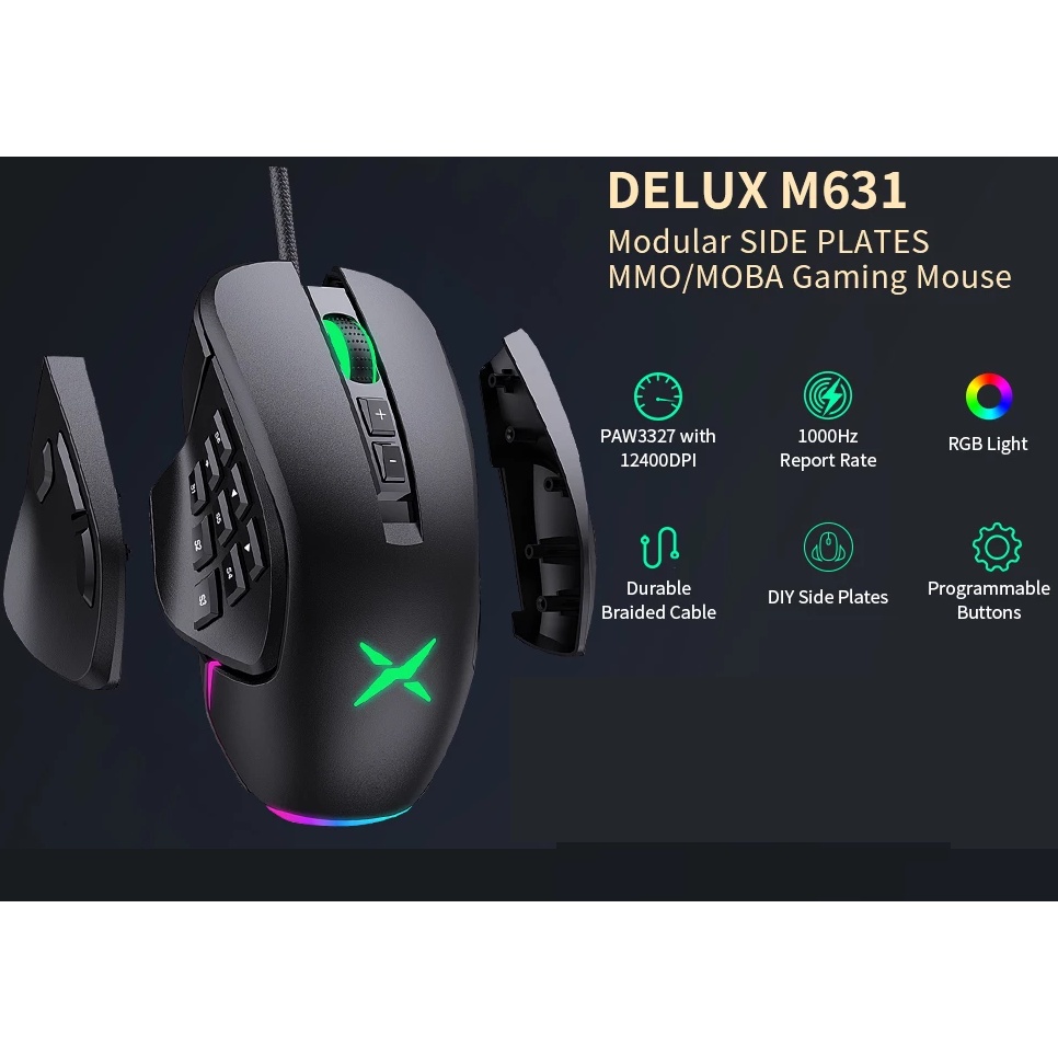 Delux M631 MMO / MOBA Gaming Mouse RGB PAW3327 Sensor