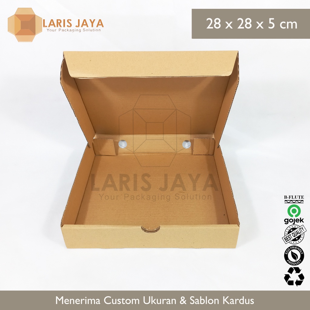 

Kardus Die Cut B-flute / Box Pizza Diecut / Brownis / Hampers / Gift / Aksesoris / Kaos / Dus Packing 28 x 28 x 5 cm ( Kardus Pizza 28 x 28 x 5 cm )