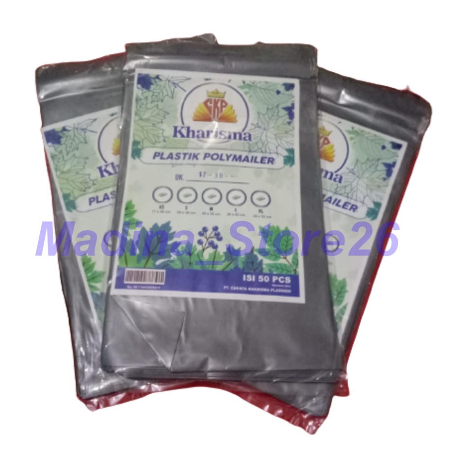 

Plastik Packing Polymailer Merk KHARISMA Ukuran 25 x 35 Warna Silver Isi 50 pcs.
