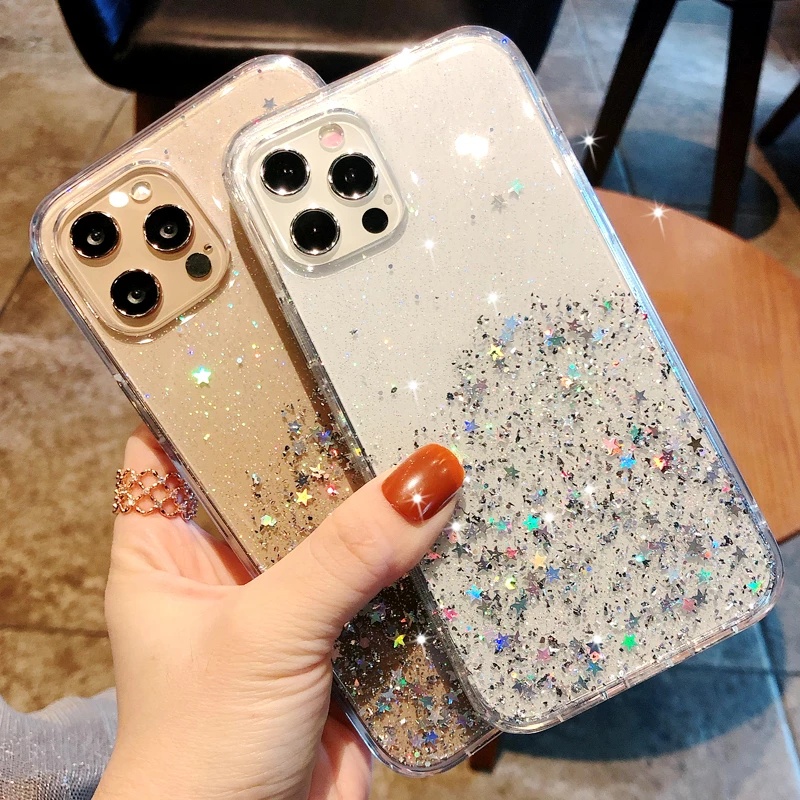 Soft Case Transparan Motif Glitter Untuk iPhone 11 12 13 14 Pro Max XR XS 7 8 Plus