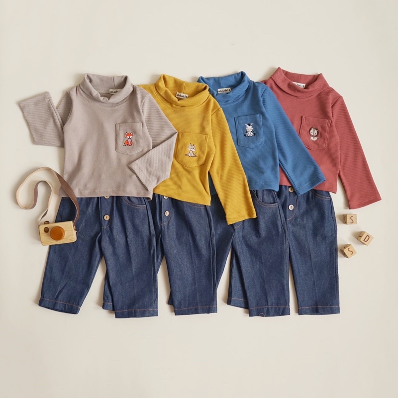 BOOMI SET TURTLENECK PANJANG Setelan Couple Jeans + kaos waffle lengan panjang