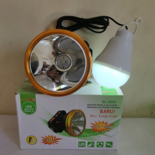 Senter Kepala Sunpro SL-8809 Putih 15 Watt Headlamp LED Charger bonus Lampu