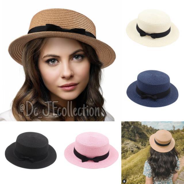 JF COLLECTION Topi Boater Import Topi Pantai Wanita Topi Pita Hitam