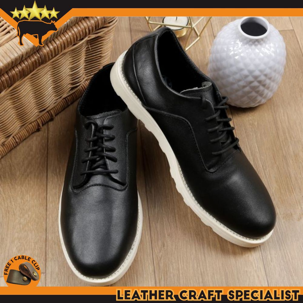 SEPATU CASUAL KERJA PANTOFEL PRIA KULIT SAPI ASLI WARNA HITAM LEATHER PROMO FREE CABLE CLIP