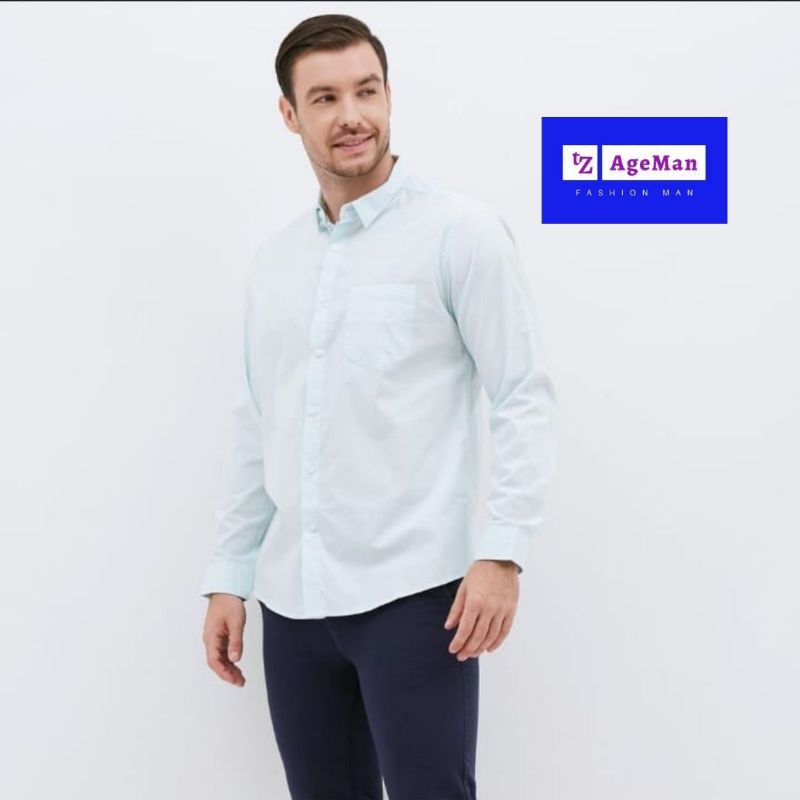 M231 Kemeja Pria Basic Polos Panjang Hijau Muda 1468G _ Baju Kemeja Pria Kemeja Cowok Kasual