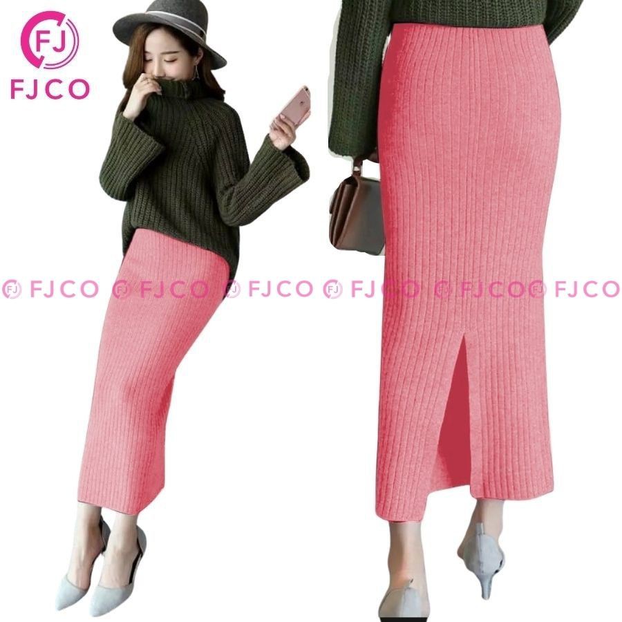 FJCO - Rok Panjang Wanita Rok Span Model Korea Terbaru Rok Rib Jessy Rok Plisket-pink