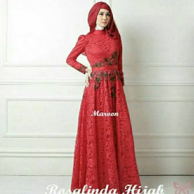 Baju Muslim Wanita Gamis Rosalinda Syari Busana Lebaran Warna Merah