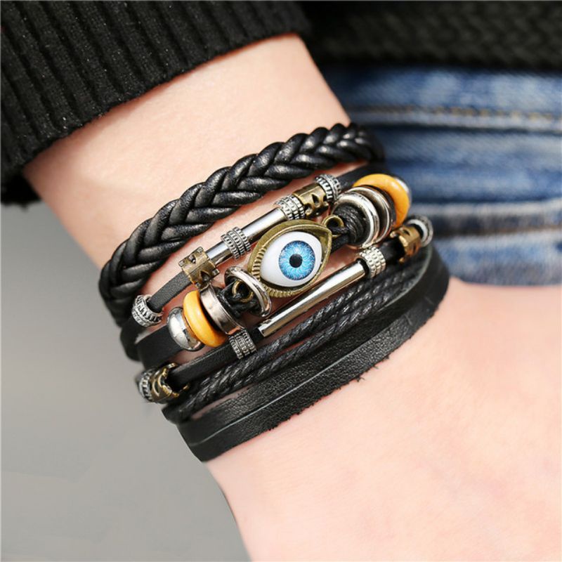 gelang pria cowok keren tali kulit tumpuk kepang multilayer etnik vintage gaul gaya masa kini kwren 