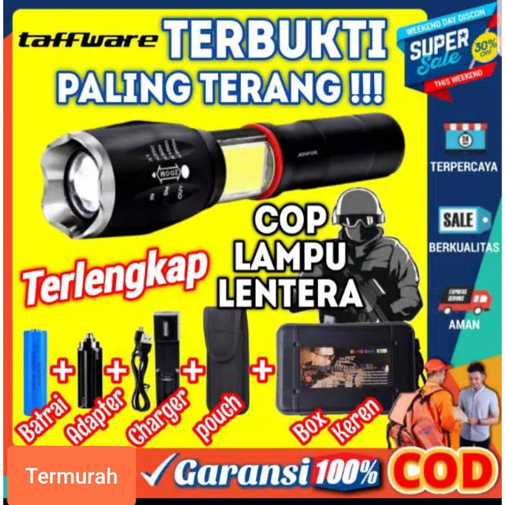 PAKET Senter Led Super Terang Jarak Jauh Lampu COB 8000 Lumens Cree E17 xml T6 Taffware Outdoor COD