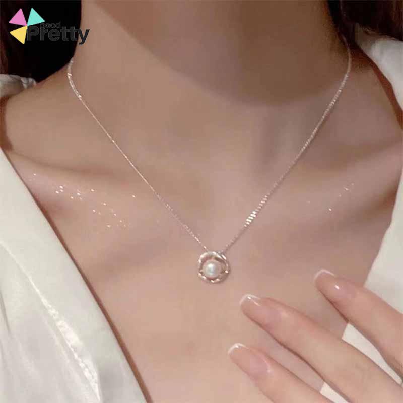 Kalung Rantai Liontin Bunga Mawar Hollow Hias Mutiara Imitasi Mewah Untuk Wanita XIA.ID - PD