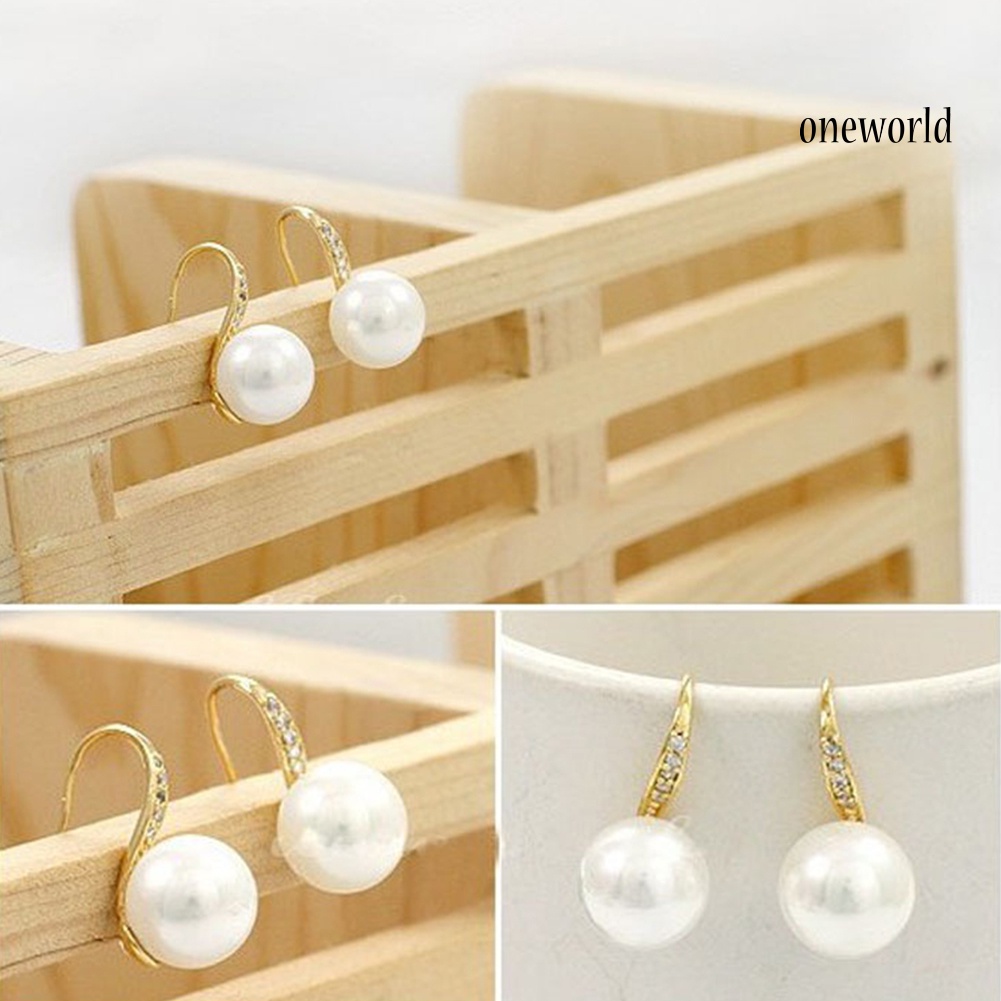 OW@ Fashion Faux Pearl Drop Rhinestone Inlaid Hook Earings Women Piercing Jewelry