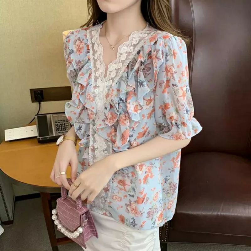 MDLV ~ 2422# Darrena Ruffle Top Sifon Blouse Flower Blouse Korea Fashion Import