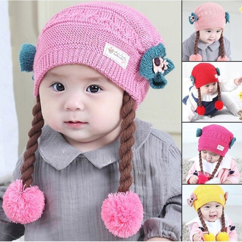 Topi Kupluk Anak Bordir Nama / Topi Rajut Bordir Nama Kepang pompom  baby hat