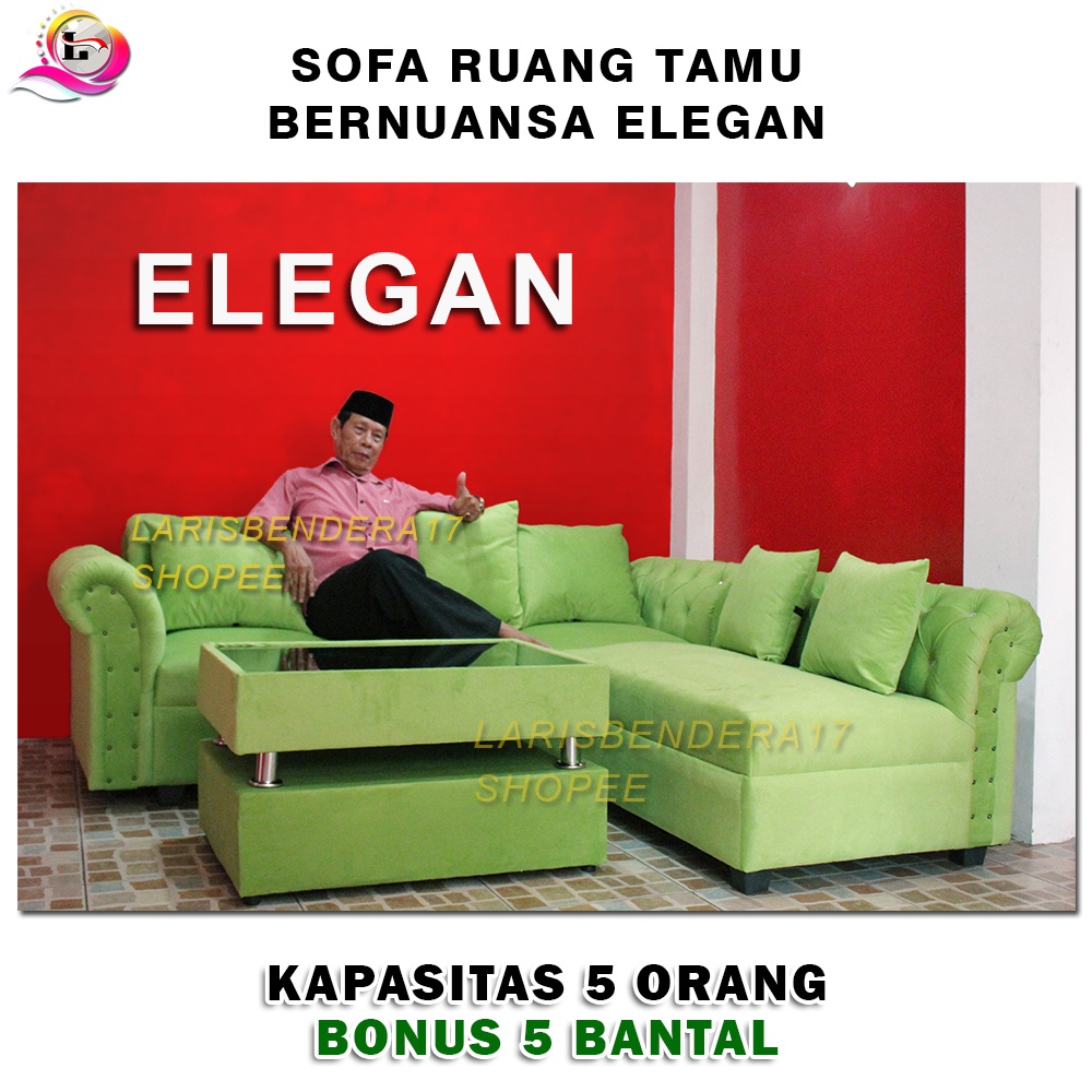 Sofa L Kancing  + Meja |  Pink Red Elegan &amp; Klasik | Merah | Full Bludru. Sofa Ruang Tamu. Bonus 5 Bantal