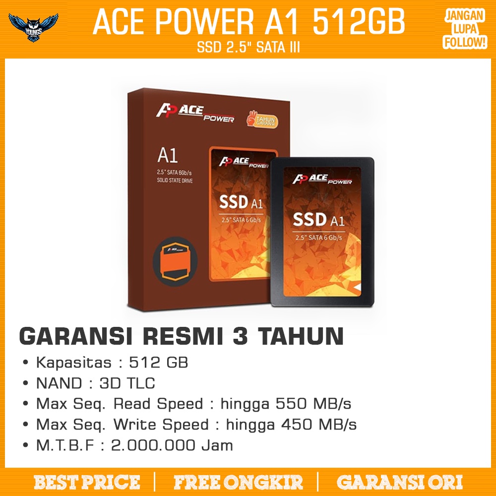 SSD Ace Power A1 512GB - Garansi 3 Tahun 3D TLC 2.5&quot; SATA III 512 GB