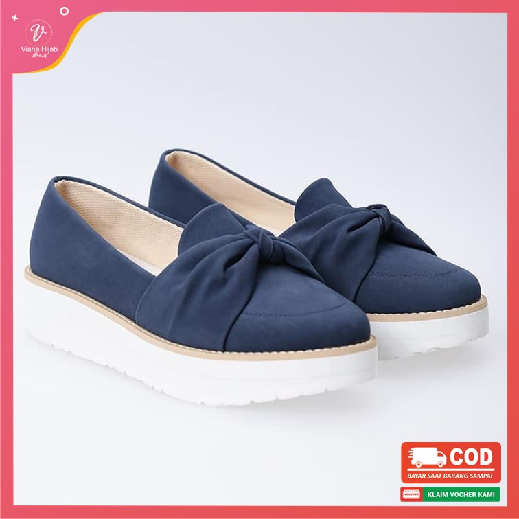 Sepatu Flat Shoes Wanita BR 75 Navy Size 37 Sepatu Sandal Sneakers Tanpa Tali Original Branded Bahan