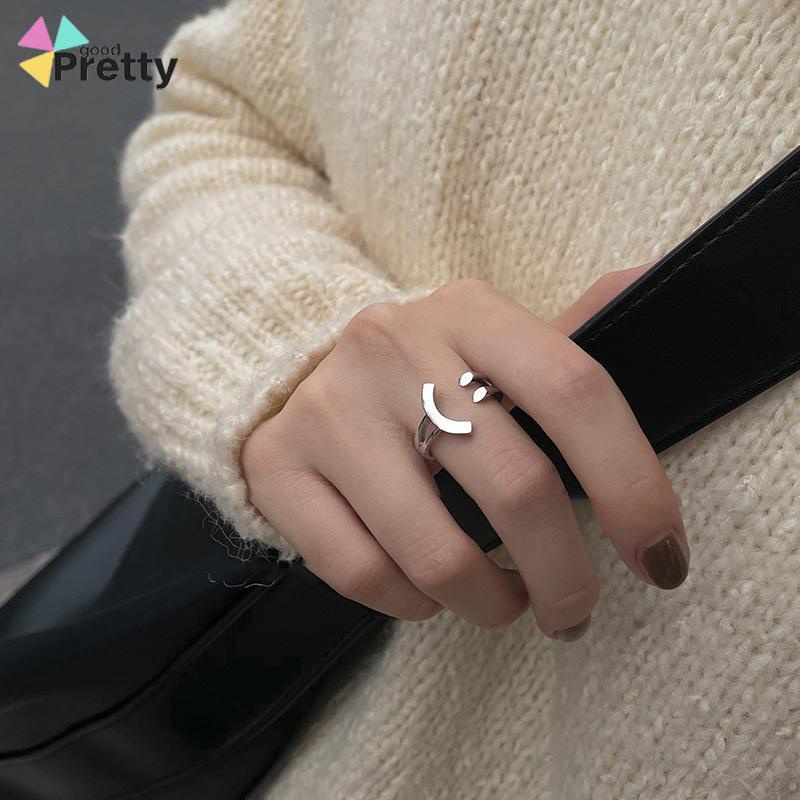 Cincin Model Terbuka Adjustable Desain Smiling Face Warna Silver Untuk Wanita - PD