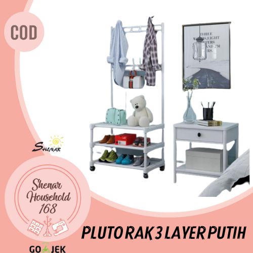 SHENAR , RAK BAJU GANTUNG TERBUKA 3 SUSUN LEMARI BAJU STAND HANGER RAK SUSUN DENGAN 4 RODA PLUTO RAK SUSUN 3 LAYER - BISA COD