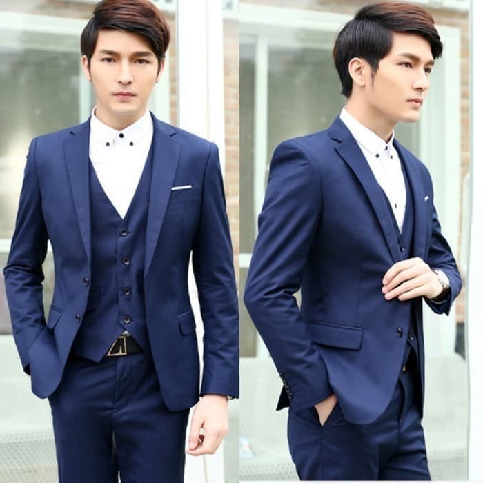 NEW BLAZER MODRIC NAVY WHITE LIST SLIMFIT SEMI FORMAL HIGH TWIST ORIGINAL NIKAYU KANCING 2 PCS