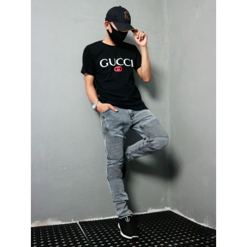 BAJU KAOS PRIA COWOK MOTIF TERBARU GUCCI BLACK WHITE