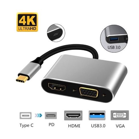 TYPE C THUNDERBOLT 3 TO VGA HDTV USB A 3.0 PD USB-C CONVERTER 4IN1 HUB ADAPTER 4K 60HZ 1080P 5GBPS 87W