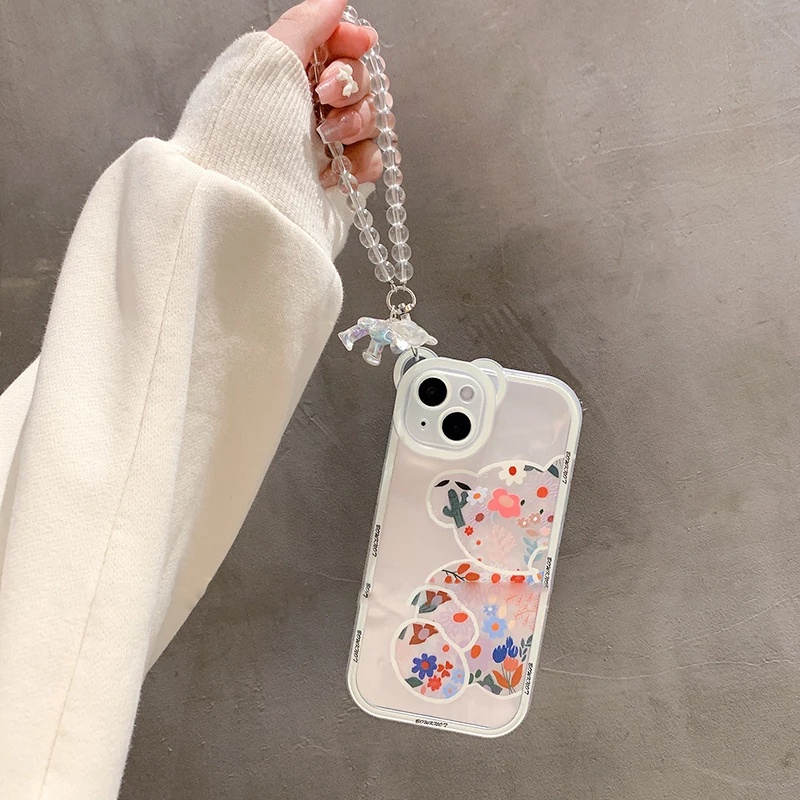 IPHONE Kartun Lucu 3D Beruang Gelang Lembut Silikon Ponsel Case Untuk Iphone13 12 11 14 Pro Max XR X XS 6 7 8 Plus SE Mini flower Cover