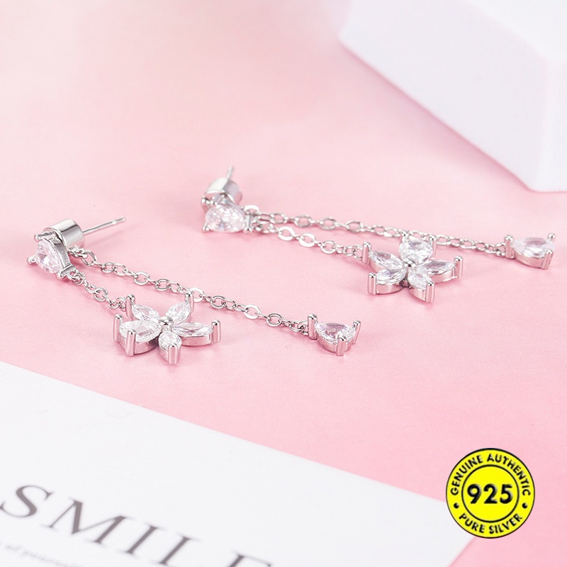 Anting Tusuk Sterling Silver 925 Desain Bunga Mawar Hias Berlian Imitasi Untuk Wanita