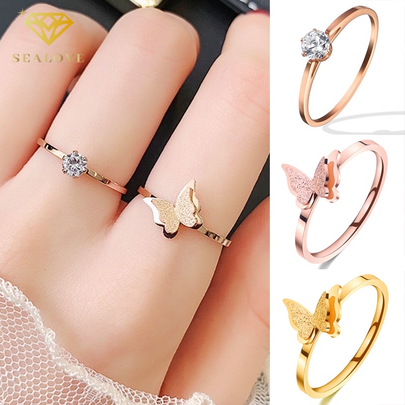 Cincin Titanium Wanita Anti Karat Asli Premium Kupu-kupu Berlian Korea Aksesoris Wanita