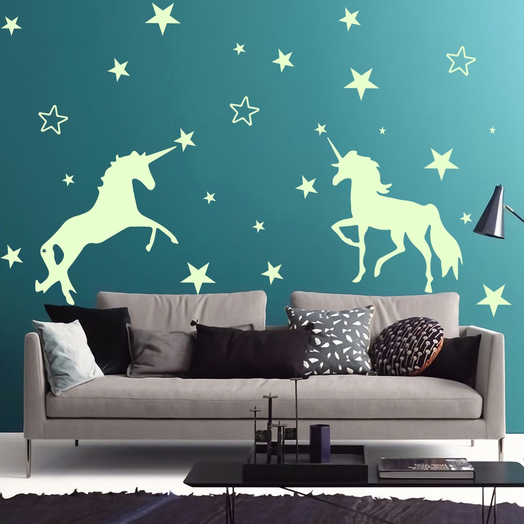 Stiker Dinding Desain Kartun Unicorn Bintang 3D Untuk Dekorasi Natal Wallpaper Glow in the Dark Untuk Dekorasi Rumah