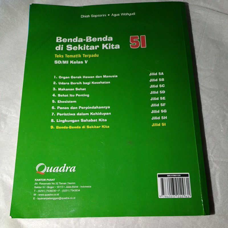 BUKU TEMATIK TERPADU QUADRA 5I &quot;BENDA BENDA DI SEKITAR KITA&quot; KELAS 5 SD ( BEKAS )