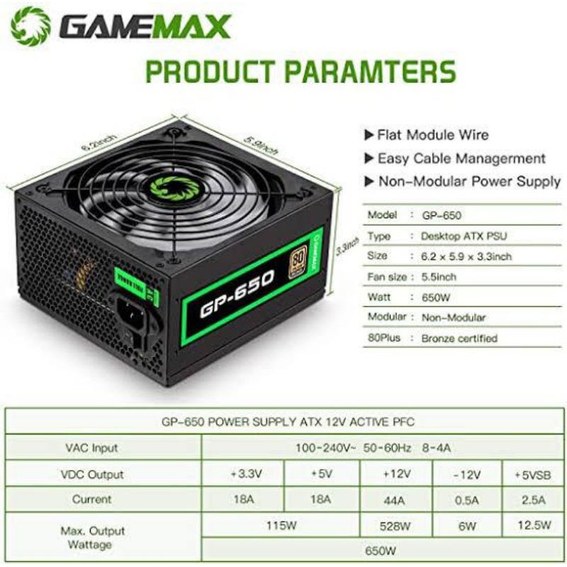 PSU Power Supply GAMEMAX GP650 GP-650 GP 650 80+ Bronze