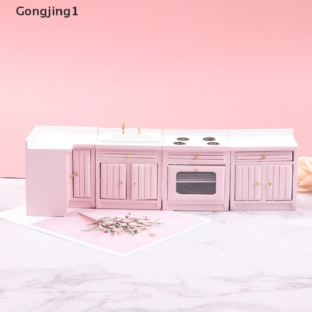 Gongjing1 Mainan Miniatur Lemari + Wastafel + Kompor + Peralatan Masak Skala 1: 12 Untuk Aksesoris Rumah Boneka