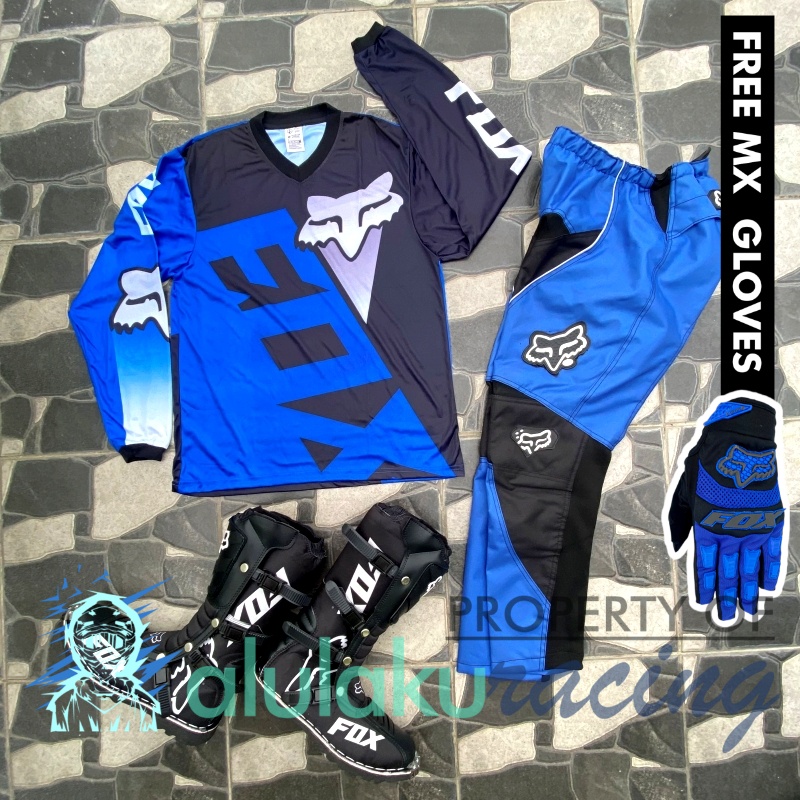 Jersey, Celana, Sarung Tangan &amp; Sepatu Fullprint with Protectors Fullset MX Trail Motocross - Paket Bundling FOCTFG060701-F46