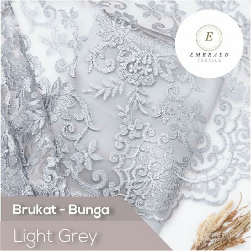 SETENGAH METER Kain Brokat Tile Prancis Bahan Kebaya Motif Bunga - Light Grey/Deep Silver ( HARGA PER 50cm KAIN )