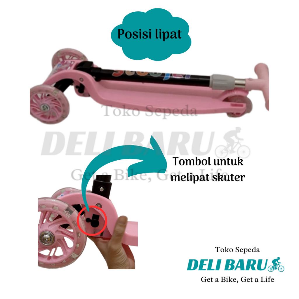 Skuter otopet anak model roda lampu nyala pink dan biru muda