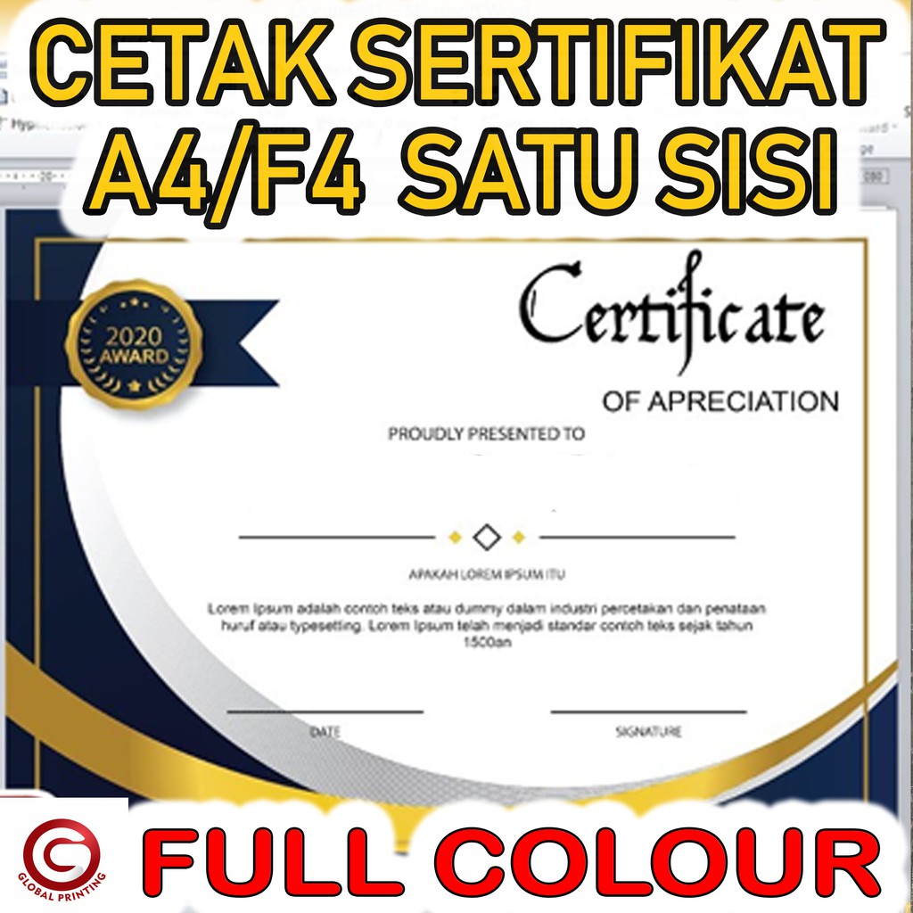

CETAK SERTIFIKAT / PRINT SERTIFIKAT - A4/F4 SATU SISI