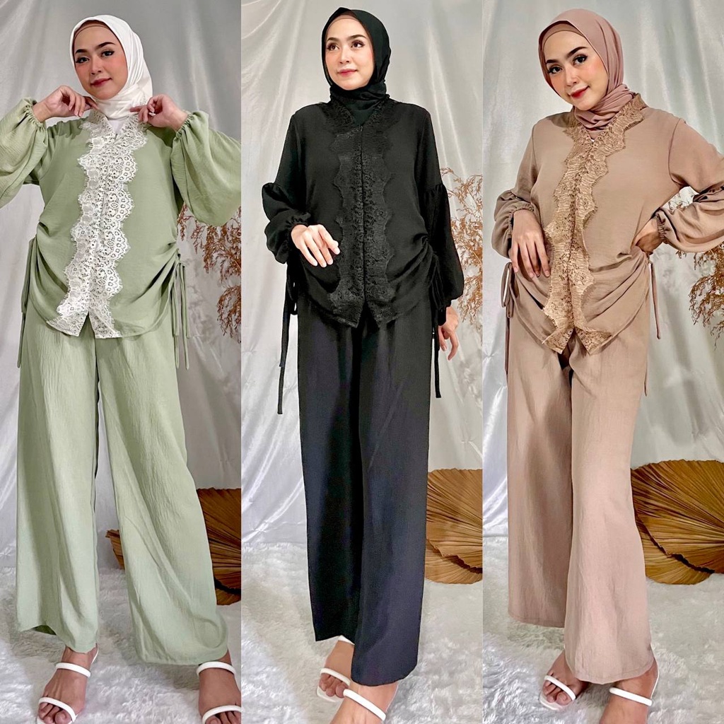 Gina Set Kondangan Celana Kulot Baju Pesta Polos Blouse Serut Atasan Brukat Oneset Crinkle Busui Friendly Setelan Muslim