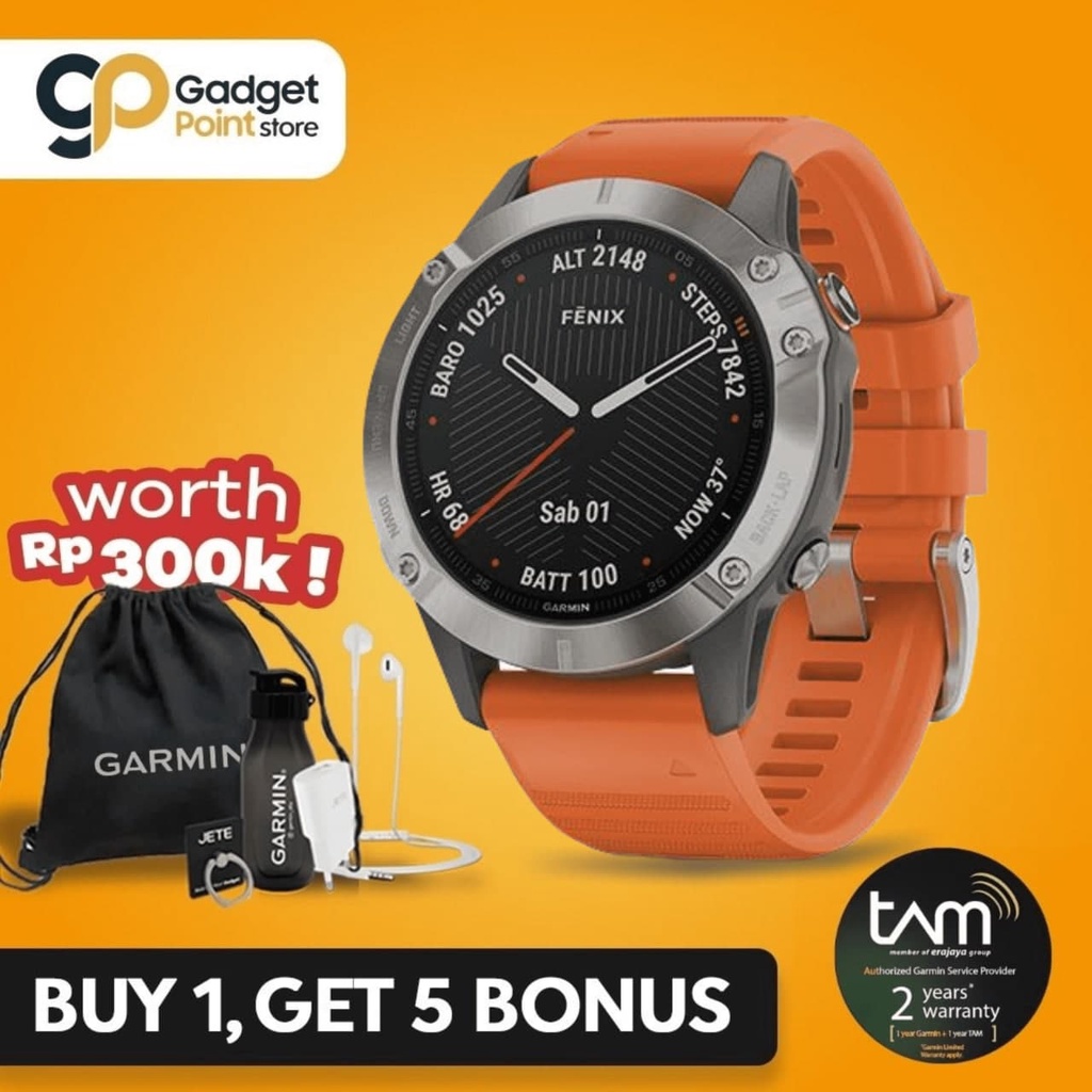 Garmin Watch Fenix 6 Titanium with Ember Orange Band - Garansi Resmi Tam 2 Tahun