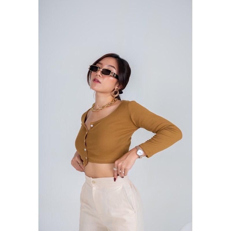 Rib Crop Kancing Lengan Panjang Premium / atasan crop top sweater crop top kancing