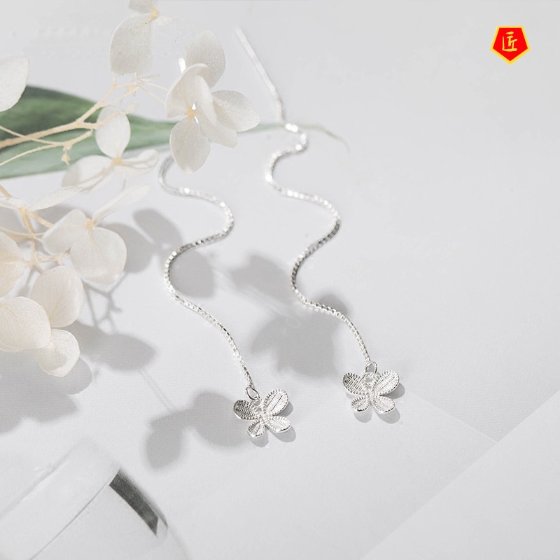 [Ready Stock]Hanging Earrings Women's Long 925 Silver Simple Flowers Elegant