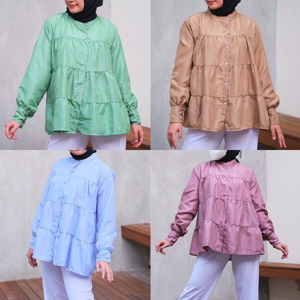 Tq88indonesia Kemeja Wanita Kerah Shanghai Rample Polos / Kem Polos Rempel Lengan Panjang / Busana Santai Cewek / Ootd / Outfit